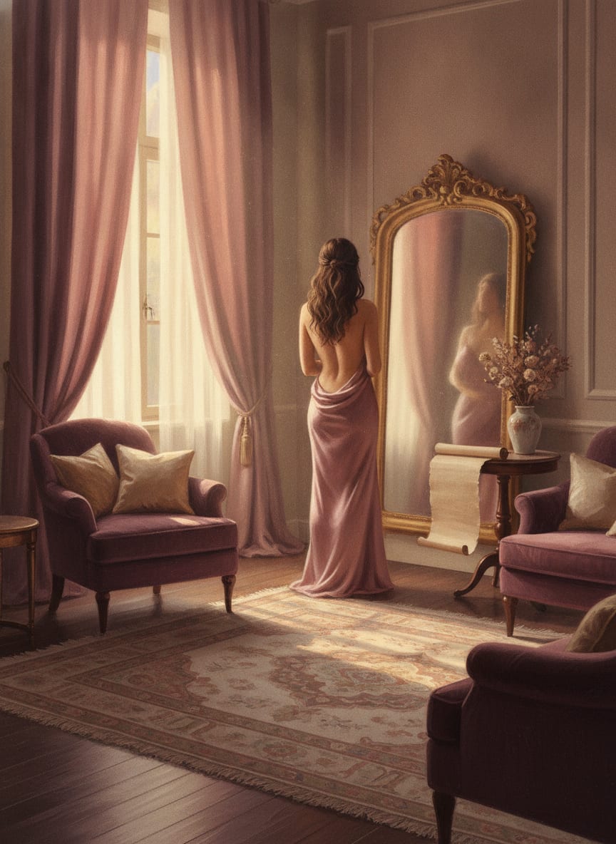 Dos d’une femme en déshabillé de soie devant un miroir ancien, lumière douce